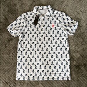 adidas Men’s White Polo with Navy Crest Print and Red Logo